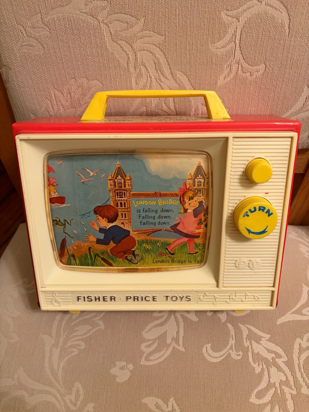 Vintage Fisher-Price Red, White & Yellow Toy TV with Turn Knob